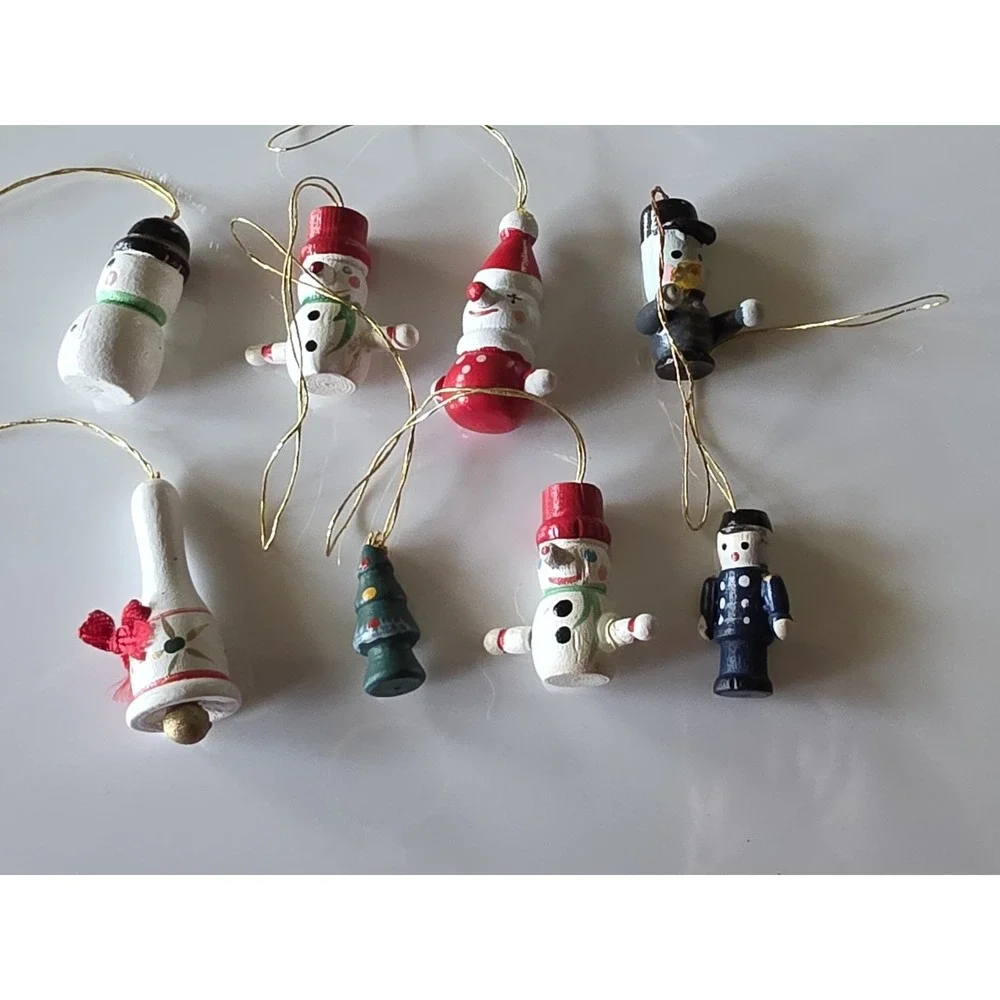 Vintage Lot Of 8 Mini Wooden Christmas Ornaments Wood Miniature Painted